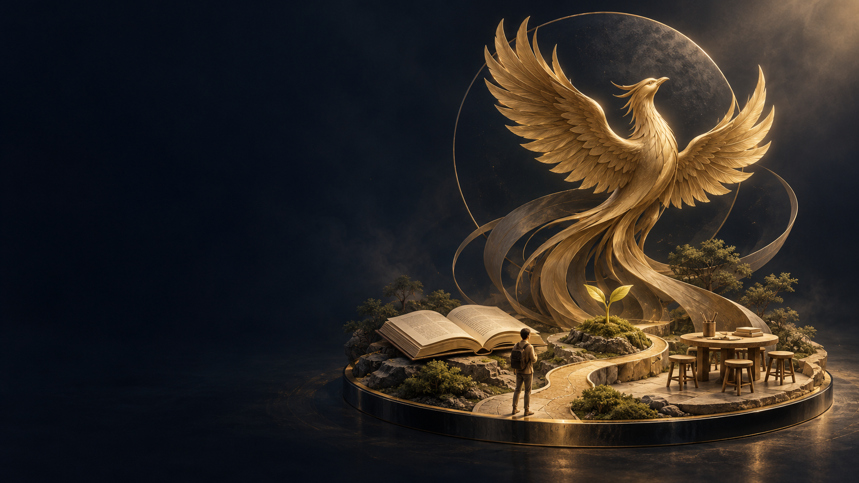 Фирменный образ ФЕНИКС: золотая птица над книгой, мастерской и маршрутом развития