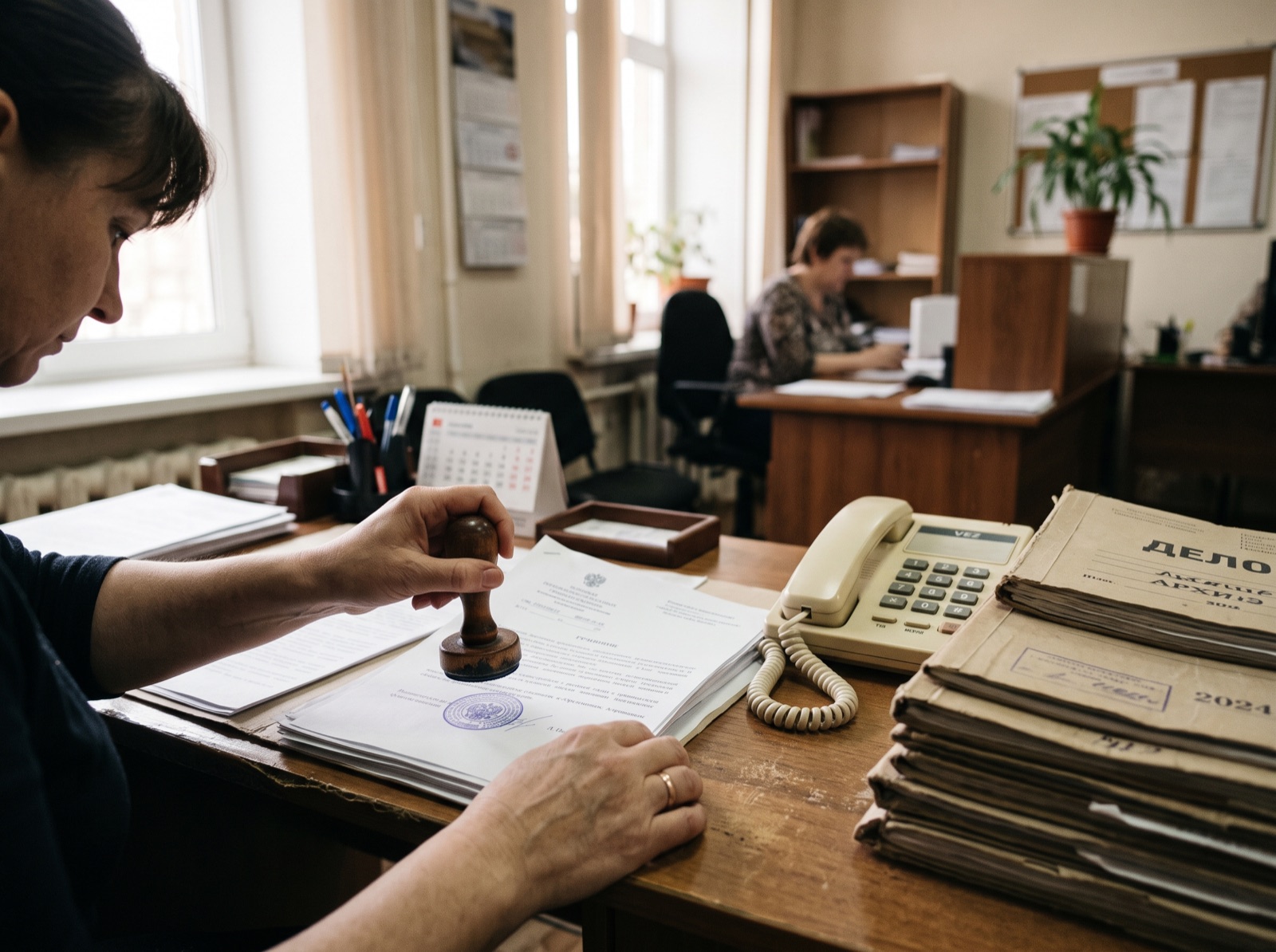 Приёмная: сотрудник заверяет документ печатью, рядом телефон и архивные папки