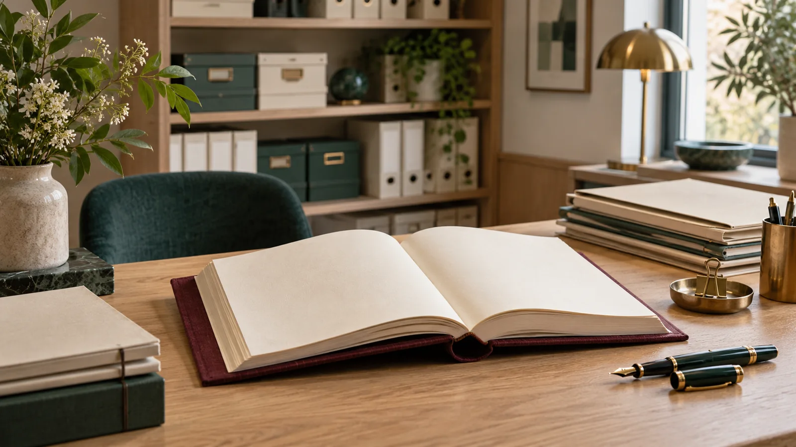 Libro y carpetas ordenadas en la mesa de archivo